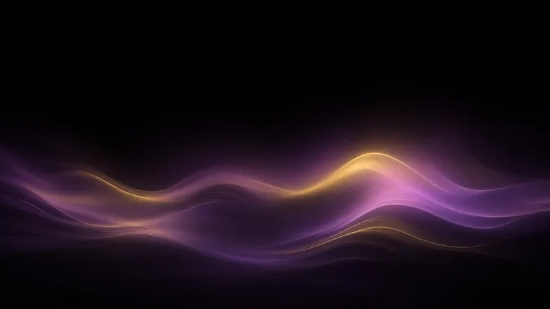 Layered violet-magenta and soft gold waves of light roll across the lower half of a black frame, rising toward one brighter gold crest.