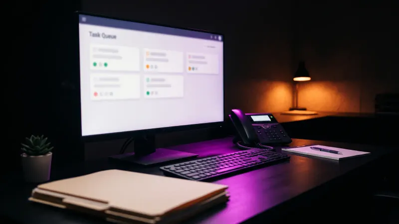 Front desk monitor showing an inquiry queue beside a desk phone, illustrating AI agent lead intake for a small business