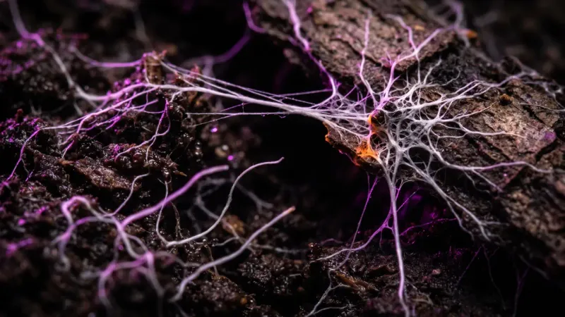 Close up of mycelium threads where some strands connect and others stop short, a metaphor for AI agent projects that stall