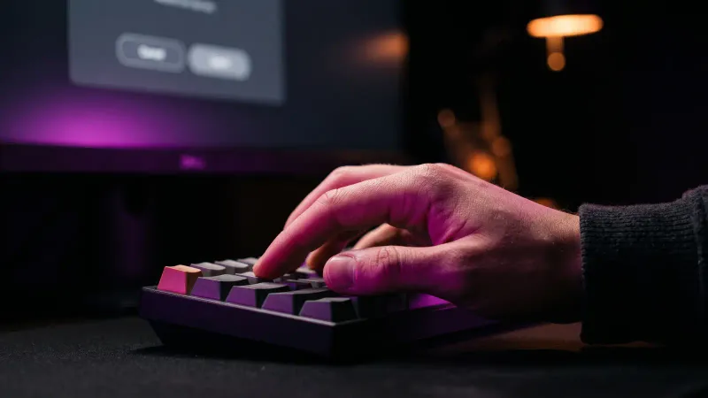 A person's hand resting above a keyboard key in a dark office, showing human approval before an AI agent acts