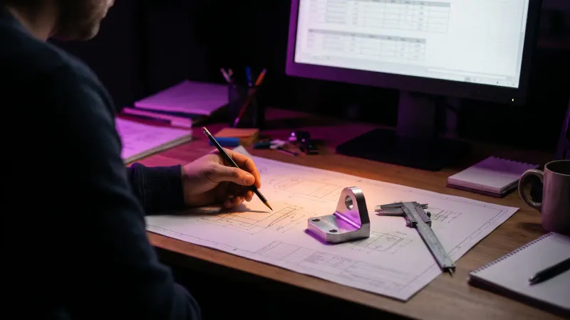 Estimator's hands on a printed engineering drawing beside a monitor, showing AI assisted quote prep for a small manufacturer
