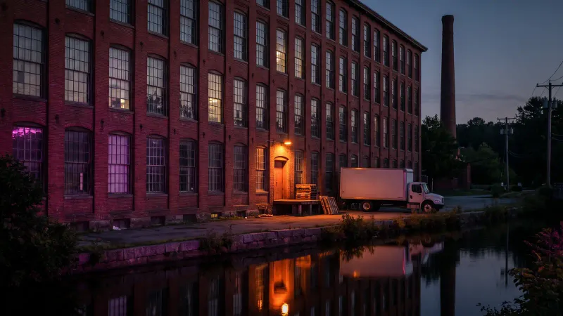 Brick mill building beside a canal at dusk, representing small manufacturers and distributors in Worcester County