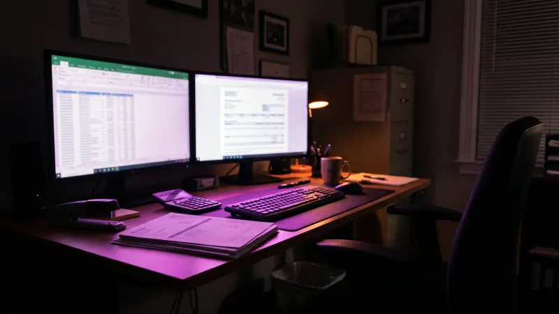 Bookkeeper's desk with two monitors, printed invoices and a calculator, showing the cost of manual data entry