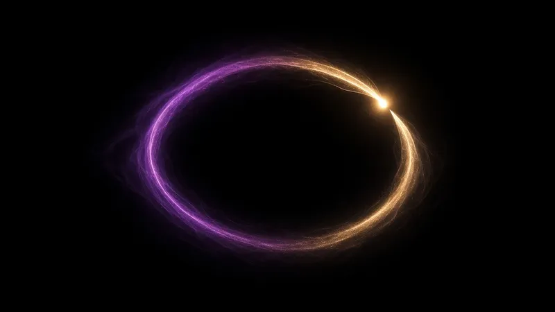A wide, nearly closed ring of violet-magenta and soft gold light hangs on a pure black background, with a short brighter gap where the ends almost meet.