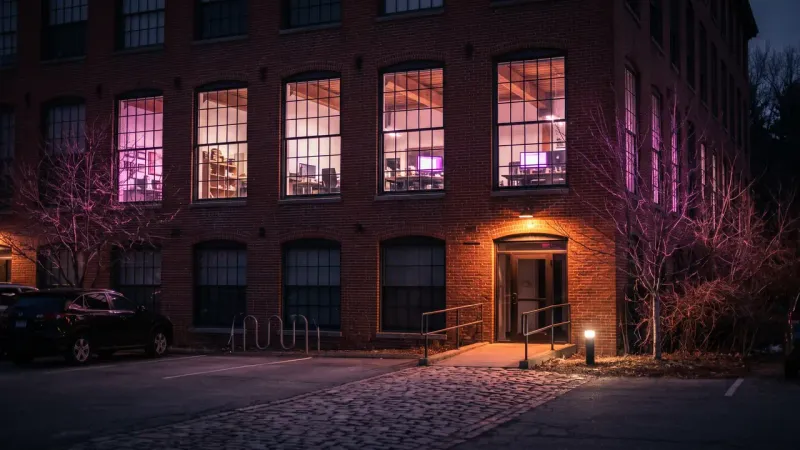 Converted mill office at dusk with lit windows, a Central Massachusetts business weighing bespoke software