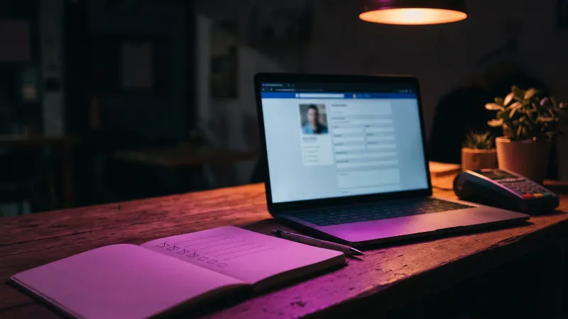 Laptop on a shop counter beside a paper checklist, showing a business owner fixing a Google Business Profile