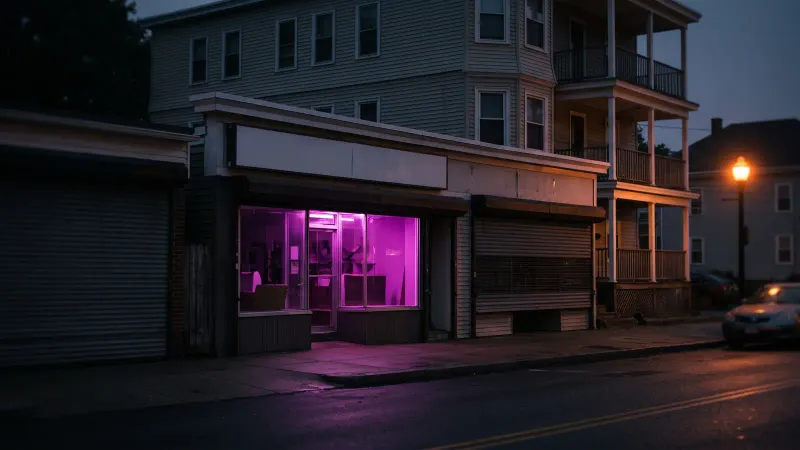 Small storefront on a Worcester style street at dusk, showing a local business that is hard to find in search