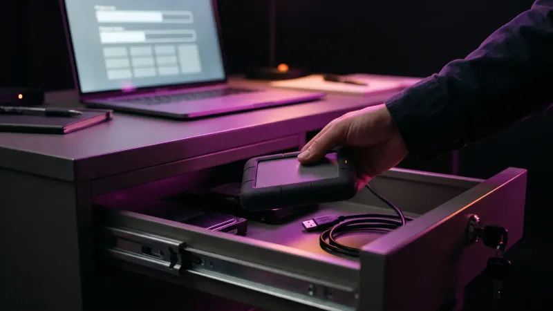 External backup drive in an open desk drawer beside a laptop, showing an offline backup and exit plan for the cloud