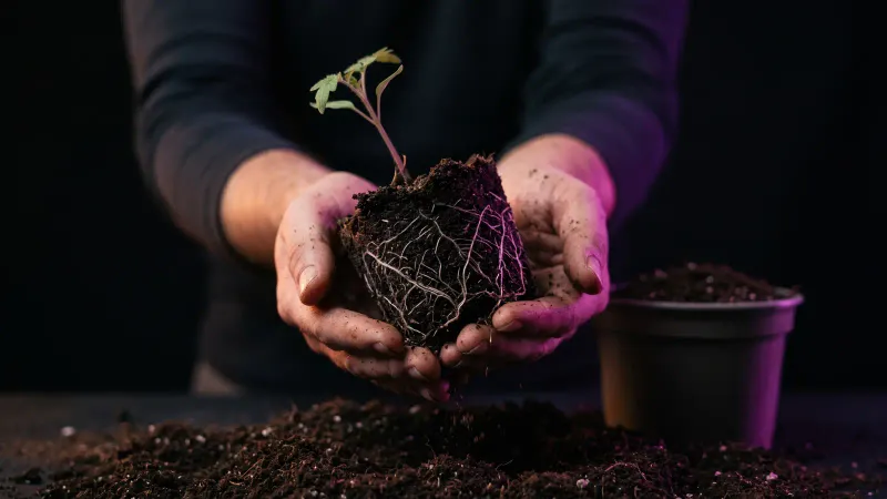 Seedling with its root ball being lifted carefully from soil, a picture of moving systems to the cloud in the right order