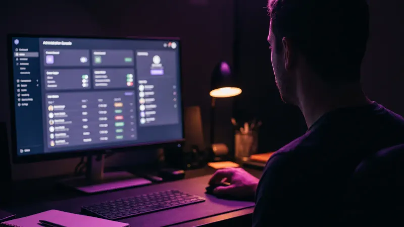 Over the shoulder view of a person reviewing an admin console at night, showing shared responsibility for cloud security