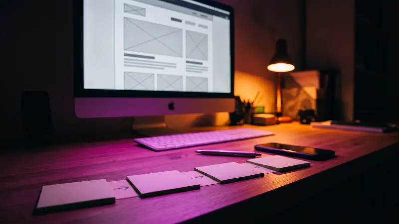 Monitor showing a customer portal wireframe beside sticky notes on a desk, showing scope as workflows for a custom web app