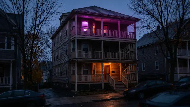 Worcester style triple decker at dusk with one window lit by a monitor, a Central Massachusetts setting for custom software