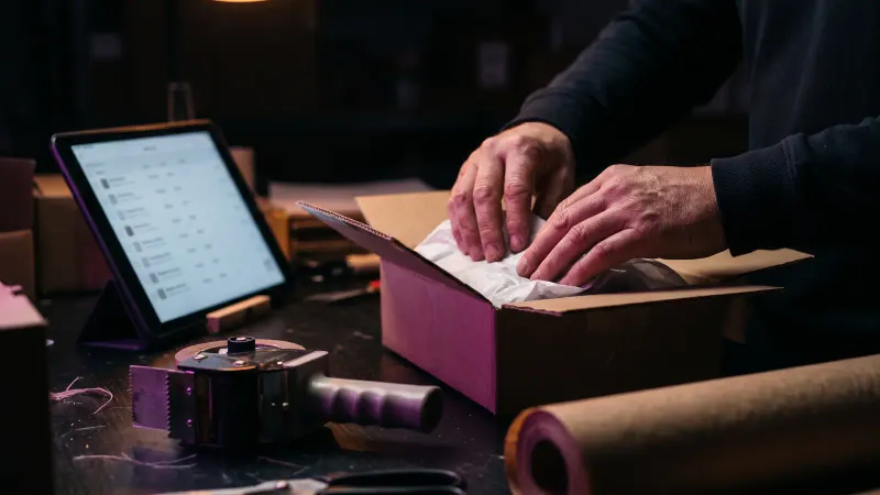 Hands packing an order beside a tablet showing a list of orders, showing a hosted ecommerce platform running a small store