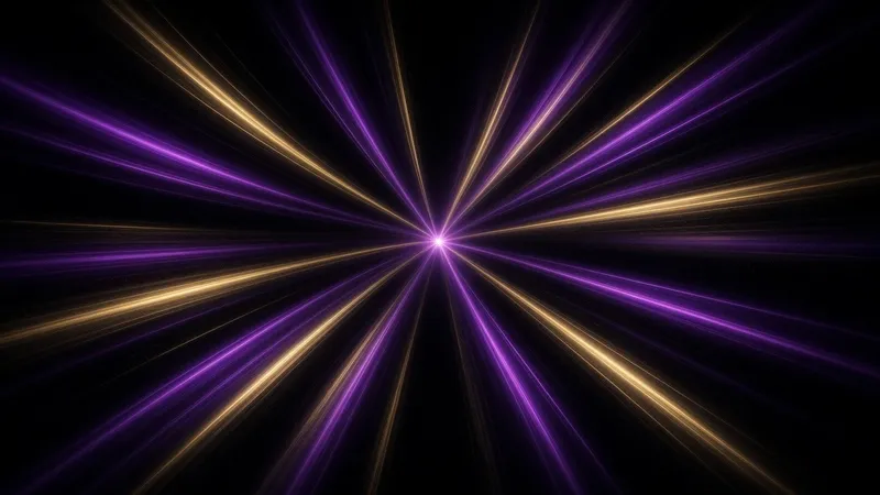 Violet and gold light trails radiate from every edge and meet at a bright point in the centre of a black field.