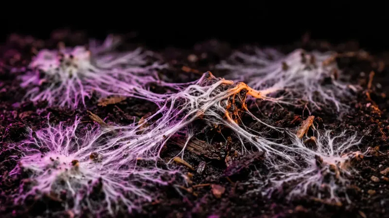 Mycelium threads from four separate patches joining at one point, a picture of a customer list gathered from four places