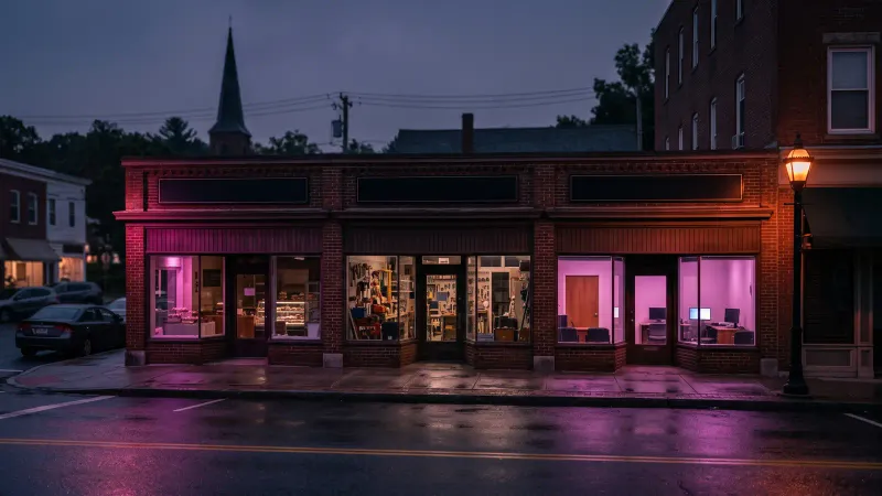 Row of small storefronts on a Massachusetts main street at dusk, the businesses a state privacy law may reach