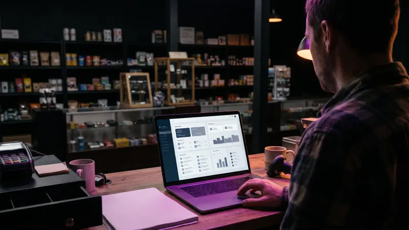 Over the shoulder view of a Worcester shop owner comparing technology funding options on a laptop in a small store