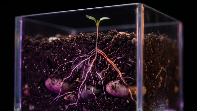 Seedling roots spreading in dark soil, a metaphor for preparing a Massachusetts technology grant application
