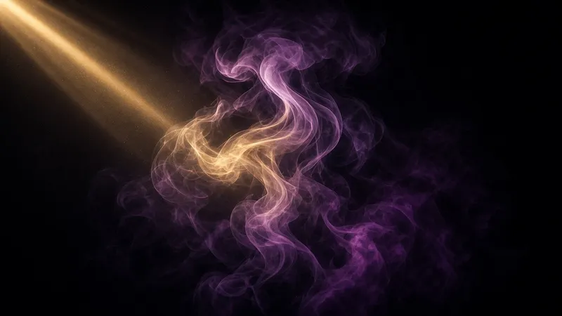 Slow curls of violet-magenta and soft gold smoke fold through a single gold beam of light on a black background.