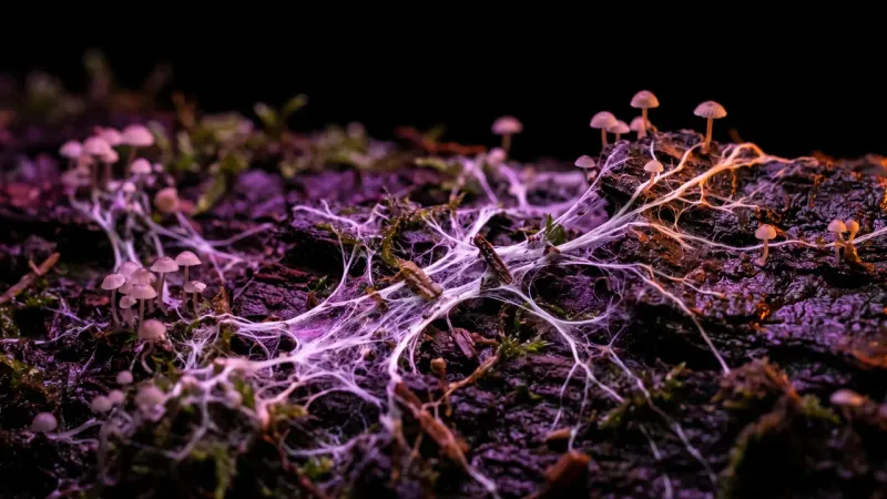 Mycelium threads linking separate patches of growth, a metaphor for ERP modules connected for a Massachusetts small business