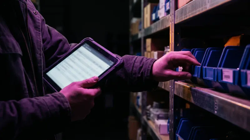 Hands counting parts bins on a warehouse shelf with a tablet, a sign a Massachusetts business has outgrown QuickBooks