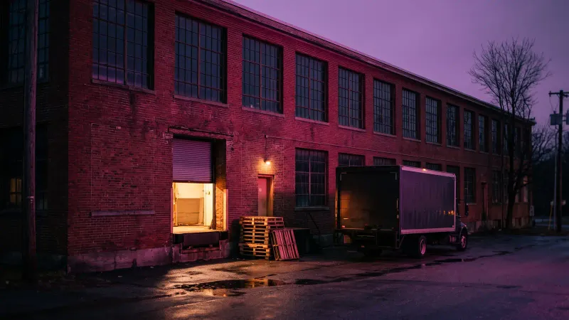Brick factory with a lit loading dock at dusk in Worcester County, where small manufacturers outgrow QuickBooks