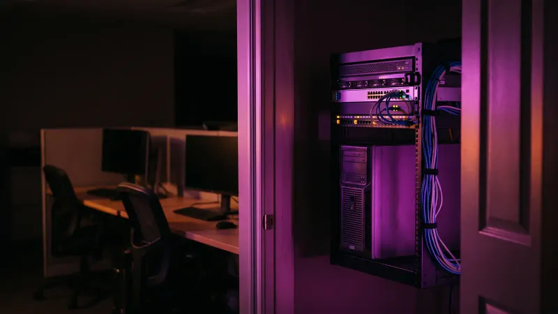Small office server closet with a backup device and a server at night in Central Massachusetts, local copy of a 3 2 1 plan