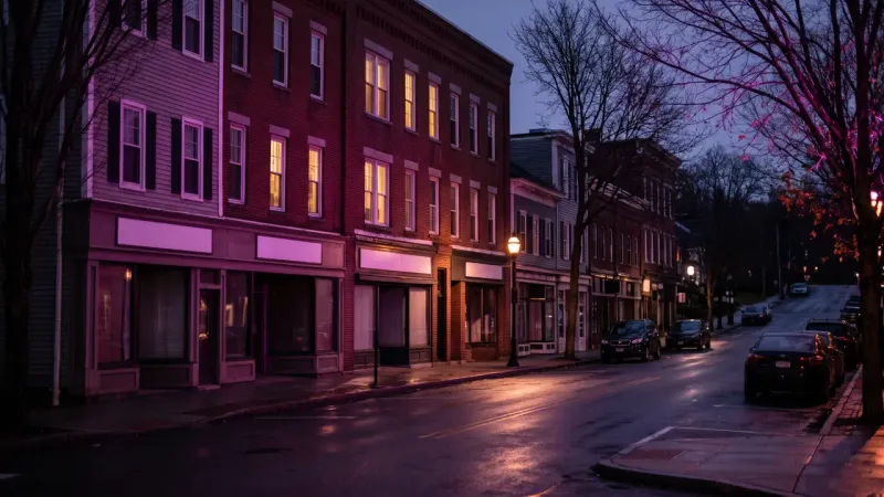 New England main street at dusk with small business offices lit, Central Massachusetts businesses planning backups