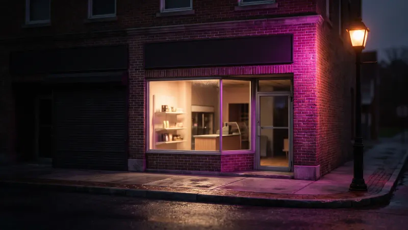 Small storefront on a Central Massachusetts street at dusk with a warm lit window, a local business weighing website cost