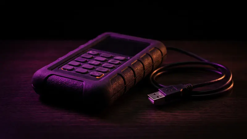 Encrypted external drive unplugged on a desk with its cable coiled, an offline backup for a Massachusetts tax practice
