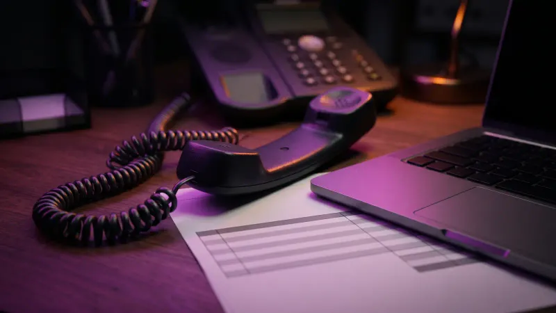 Desk phone handset beside a laptop keyboard and a blank invoice, calling back to verify a Worcester contractor deposit