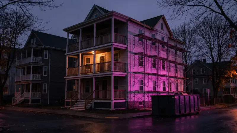 Worcester triple decker in scaffolding under renovation at dusk, one of many Worcester County contractor jobs