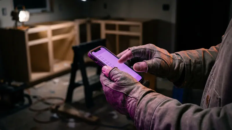 Gloved hands entering job details on a phone in a half finished kitchen, a Massachusetts contractor keeping one job record