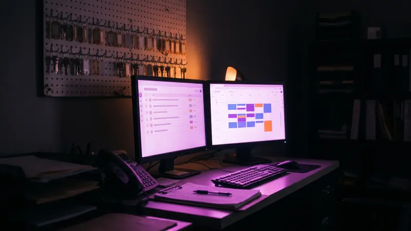 Property manager office with two monitors of mismatched schedules and a key board, Worcester systems that stop agreeing
