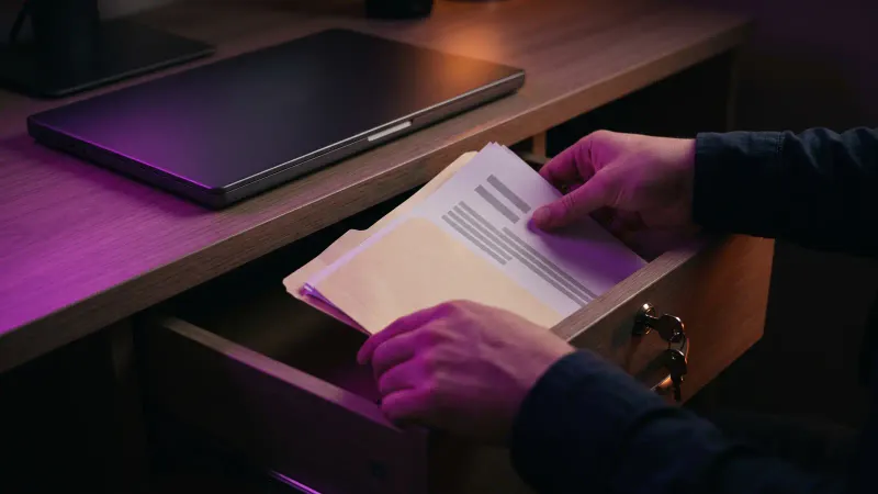 Hands filing a rental application into a locked drawer, protecting tenant data under Massachusetts law
