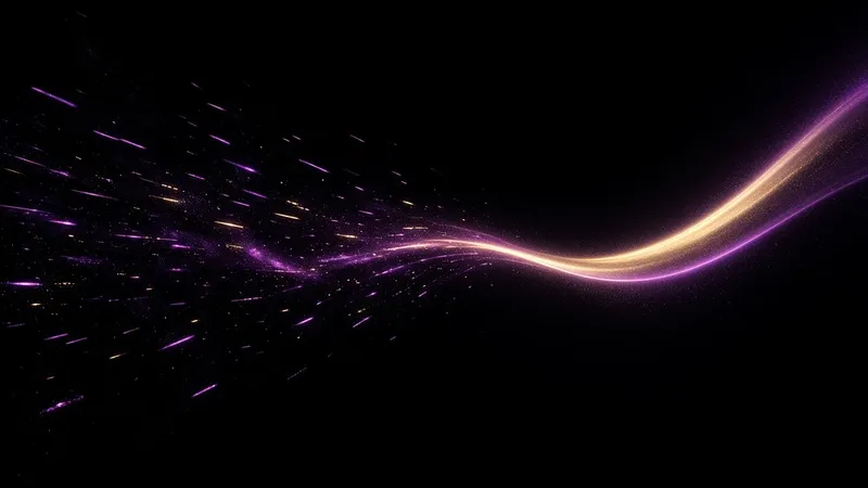 Scattered short violet and gold light streaks drift across a black field and gather into one bright curved path.