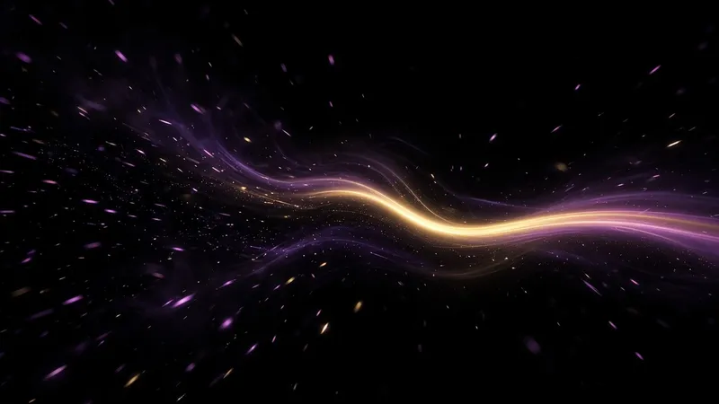 Scattered violet and gold streaks of light drift across a black field and gather into one bright, wavy path through the middle.