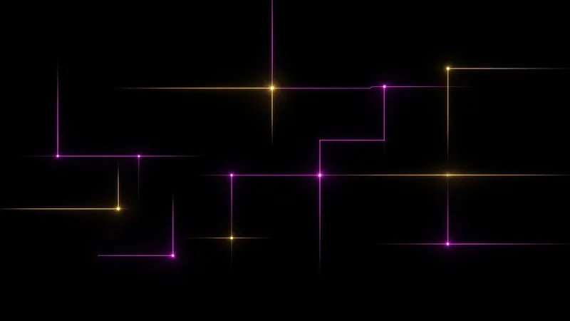 Thin violet-magenta and soft gold neon lines cross a black field at right angles and meet at a few small glowing nodes.